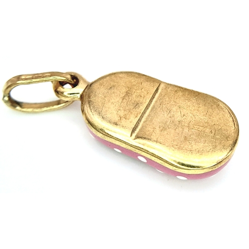 684 - A 9K YELLOW GOLD BABY PINK SHOE CHARM. 2.5cm length, 1g total weight. Ref: SC 8039