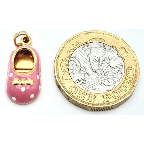 684 - A 9K YELLOW GOLD BABY PINK SHOE CHARM. 2.5cm length, 1g total weight. Ref: SC 8039