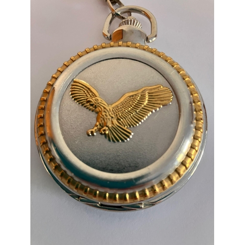 616 - AMERICA SPORTS FULL HUNTER POCKET WATCH with Eagle detail. Finished in gold and silver tone with sil... 