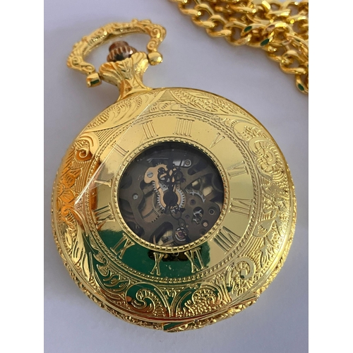 623 - Gilded SKELETON POCKET WATCH with Gilded chain.Manual winding in full working order. Condition New a... 