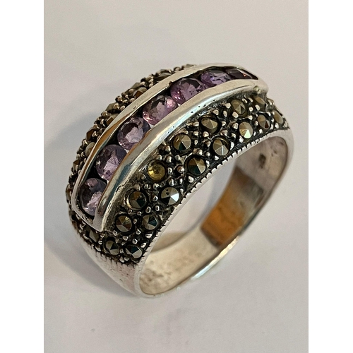 651 - Magnificent vintage AMETHYST and SILVER MARCASITE RING. Having pave set Amethysts mounted to centre ... 