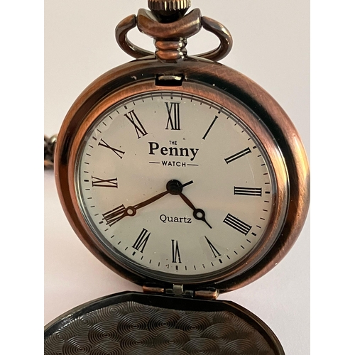 665 - PENNY POCKET WATCH Complete with genuine 1918 Penny set into front of case.Finished in bronze with b... 