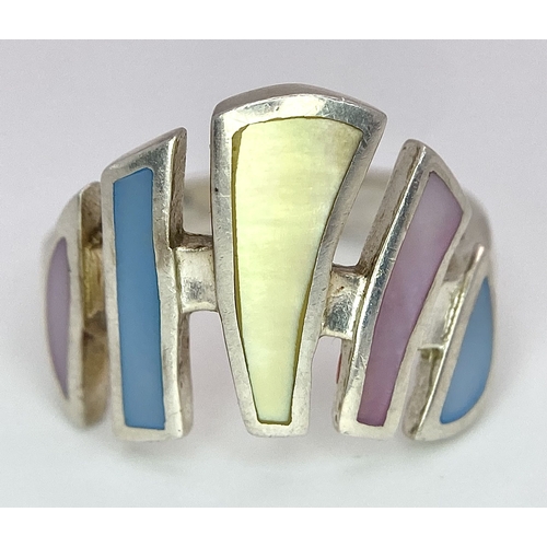 711 - A Vintage Sterling Silver, Art Deco Design Mother of Pearl Set Ring. Size P. The Crown Measures 1.5c... 