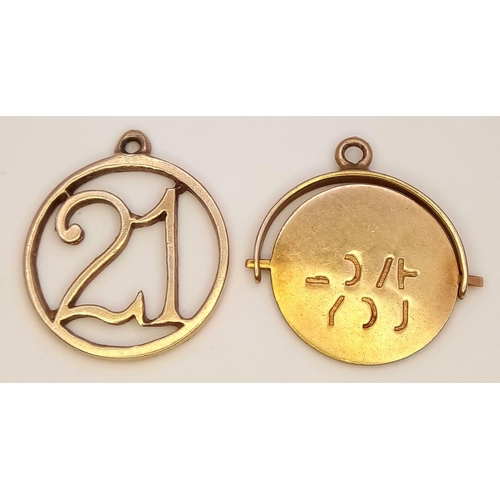 1854 - A 9K Yellow Gold  '21' and a Spinning Love Pendant/Charm. 20mm. 1.87g total weight.