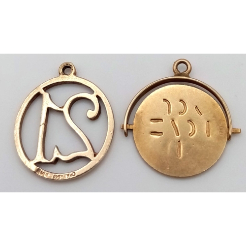 1854 - A 9K Yellow Gold  '21' and a Spinning Love Pendant/Charm. 20mm. 1.87g total weight.