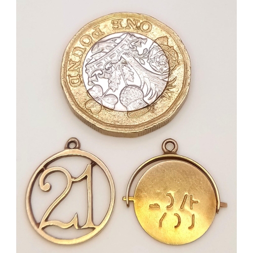 1854 - A 9K Yellow Gold  '21' and a Spinning Love Pendant/Charm. 20mm. 1.87g total weight.