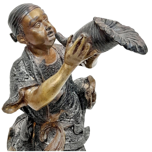 1855 - A Magnificent Large Antique Japanese Edo Period Okimono Bronze Statue Depicting a Young Man Holding ... 