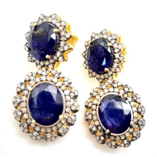 A Pair of Blue Sapphire Gemstone Drop Earrings with Diamond Surrounds ...