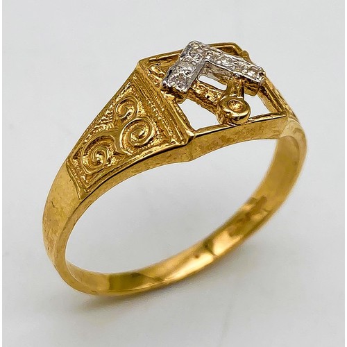 691 - A 9K YELLOW GOLD, DIAMOND SET, MASONIC SYMBOL RING. 2.5G. SIZE R.