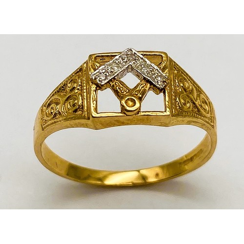 691 - A 9K YELLOW GOLD, DIAMOND SET, MASONIC SYMBOL RING. 2.5G. SIZE R.