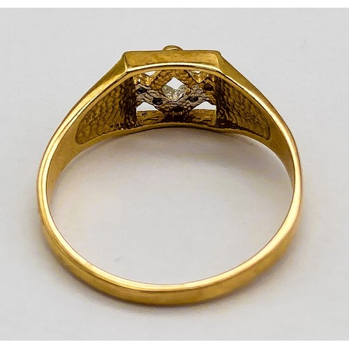 691 - A 9K YELLOW GOLD, DIAMOND SET, MASONIC SYMBOL RING. 2.5G. SIZE R.