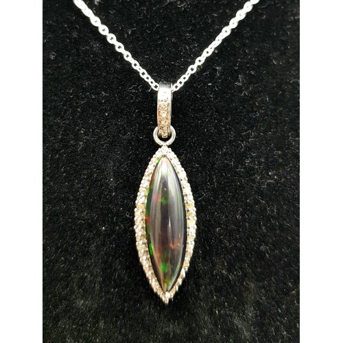 126 - A Marquise Cut Black Opal Pendant with Diamond Surround on 925 Silver and a Silver Chain. 3.75ct bla... 