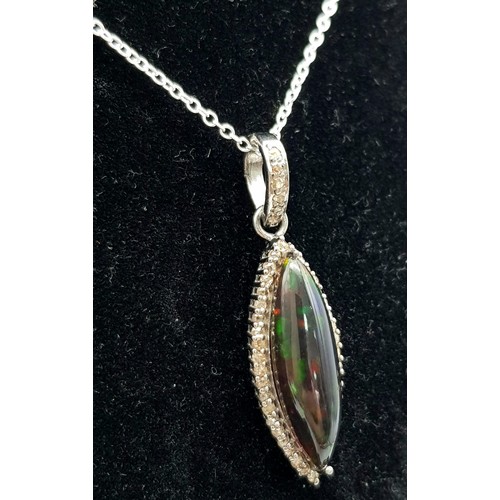 126 - A Marquise Cut Black Opal Pendant with Diamond Surround on 925 Silver and a Silver Chain. 3.75ct bla... 