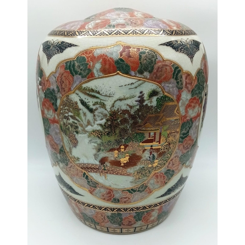 505 - A LARGE ORIENTAL JAR IN THE STYLE OF YABU MEIZAN , HAS HOLES TOP AND BOTTOM READY FOR WIRING AS A LA... 