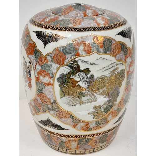 505 - A LARGE ORIENTAL JAR IN THE STYLE OF YABU MEIZAN , HAS HOLES TOP AND BOTTOM READY FOR WIRING AS A LA... 