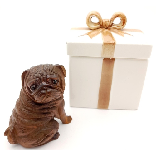 160 - A very collectable, exquisitely hand carved on box wood Pug dog with amazing detail. Probably of Jap... 