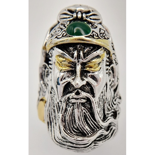 293 - white metal (untested) Chinese Guan Yu ring with a green jade cabochon. Size: adjustable, weight: 16... 