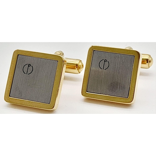 1690 - A Pair of Square Two-Tone Yellow Gold Gilt and Silver Panel Inset Cufflinks by Dunhill in their orig... 