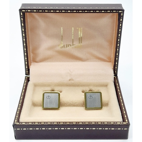 1690 - A Pair of Square Two-Tone Yellow Gold Gilt and Silver Panel Inset Cufflinks by Dunhill in their orig... 