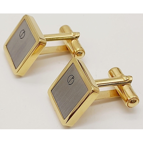 1690 - A Pair of Square Two-Tone Yellow Gold Gilt and Silver Panel Inset Cufflinks by Dunhill in their orig... 