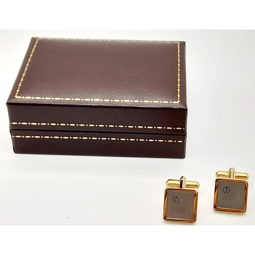 1690 - A Pair of Square Two-Tone Yellow Gold Gilt and Silver Panel Inset Cufflinks by Dunhill in their orig... 