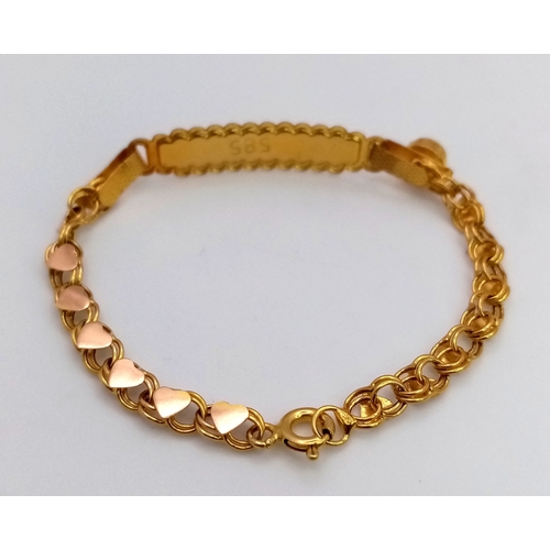 10 - A Babies 14K Gold Identity Bracelet. 12cm. 1.6g