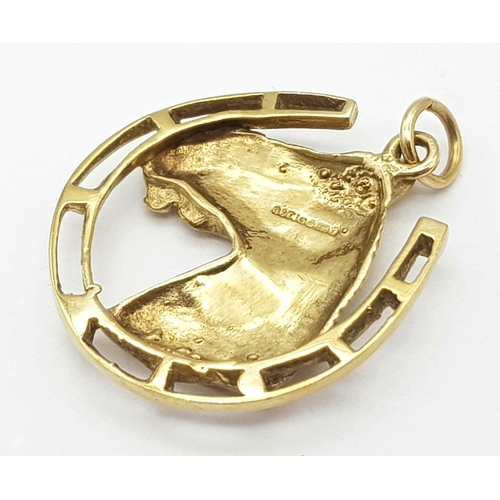 11 - A 9K Yellow Gold Horse and Horse-Shoe Lucky Pendant! Great for a day at the races. 3cm. 3.42g