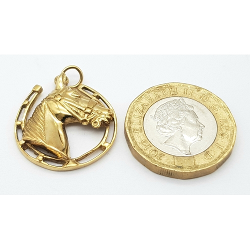 11 - A 9K Yellow Gold Horse and Horse-Shoe Lucky Pendant! Great for a day at the races. 3cm. 3.42g