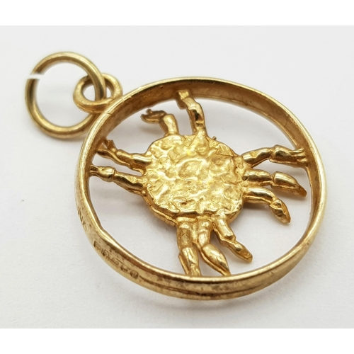 129 - A 9K Yellow Gold Astrology Crab Figure Pendant. 2.5cm. 2.1g