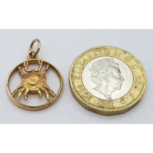 129 - A 9K Yellow Gold Astrology Crab Figure Pendant. 2.5cm. 2.1g