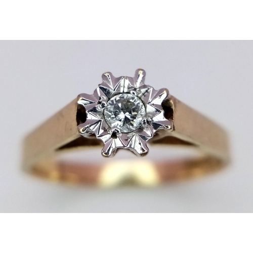 141 - A 9K Yellow Gold Diamond Solitaire Ring. 0.15ct. Size K. 1.9g total weight.