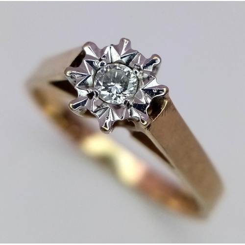 141 - A 9K Yellow Gold Diamond Solitaire Ring. 0.15ct. Size K. 1.9g total weight.