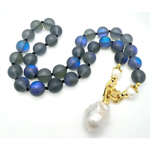 248 - A Hypnotic Grey/Blue Moonstone Beaded Necklace with Baroque Pearl Drop Pendant. 12mm beads. 6cm pend... 