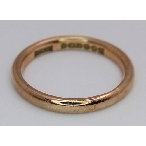 270 - A Classic Vintage 9K Gold Band Ring. Full UK hallmarks. 2mm. Size L. 2.1g