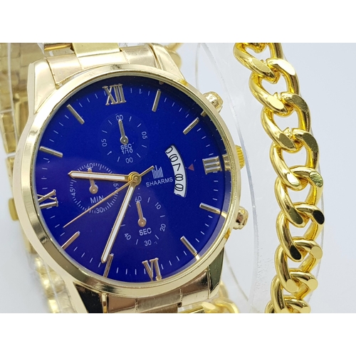 272 - A gold plated Shaarms gents watch accompanied by a gent’s gold plated chain bracelet. Watch has a 42... 