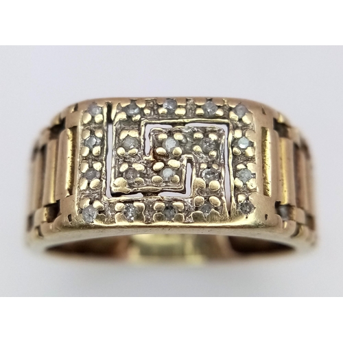 37 - A Vintage 9K Yellow Gold and Diamond Decorative Belt Buckle Gents Ring. Size T. 4.4g total weight.