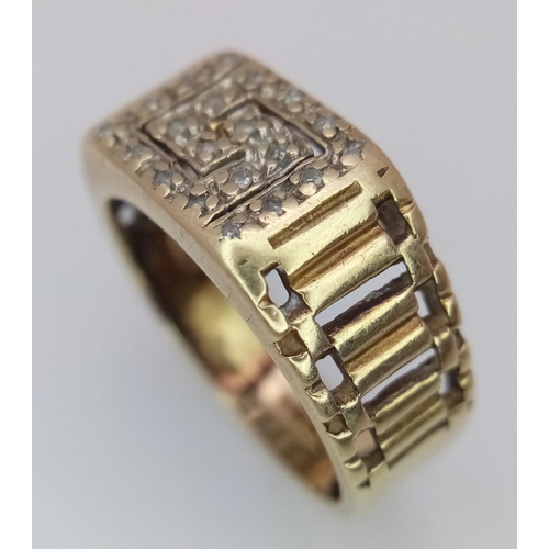 37 - A Vintage 9K Yellow Gold and Diamond Decorative Belt Buckle Gents Ring. Size T. 4.4g total weight.