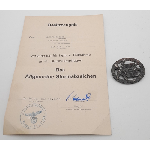 64 - WW2 German General Assault Badge with Award Certificate.