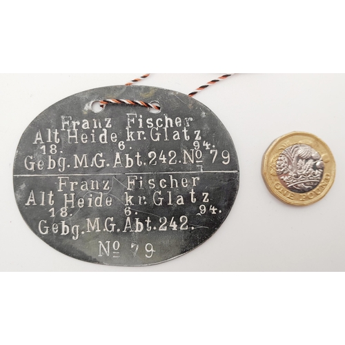 78 - WW1 Imperial German Dog Tag to a Soldier in a Heavy Machine Gun Section.