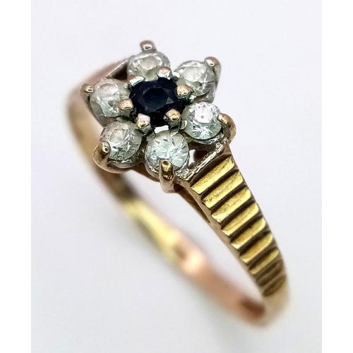 584 - A Vintage 9K Yellow Gold Sapphire and White Zircon Ring. Size L. 1.2g total weight.