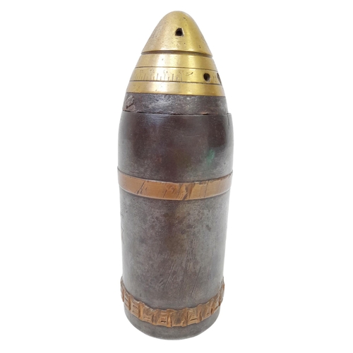 92 - Inert WW1 Ottoman (Turkish) 75mm shrapnel shell projectile Gallipoli Memento. Silver Australian Slou... 