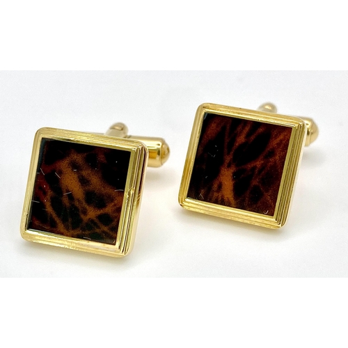 1076 - An Excellent Condition Pair of Square Yellow Gold Gilt Tortoiseshell Cufflinks by Dunhill in their O... 