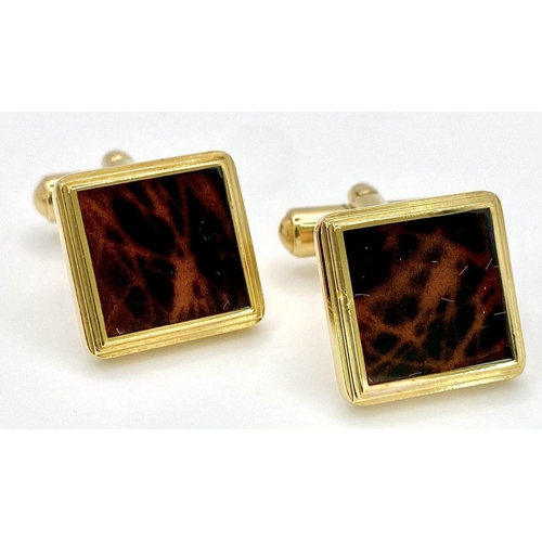 1076 - An Excellent Condition Pair of Square Yellow Gold Gilt Tortoiseshell Cufflinks by Dunhill in their O... 