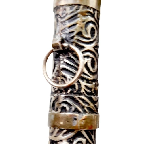 508 - A Very Rare, Unique & Ornate Antique Bone Inlaid Wood and White Metal Sword Stick. 91cm Length.