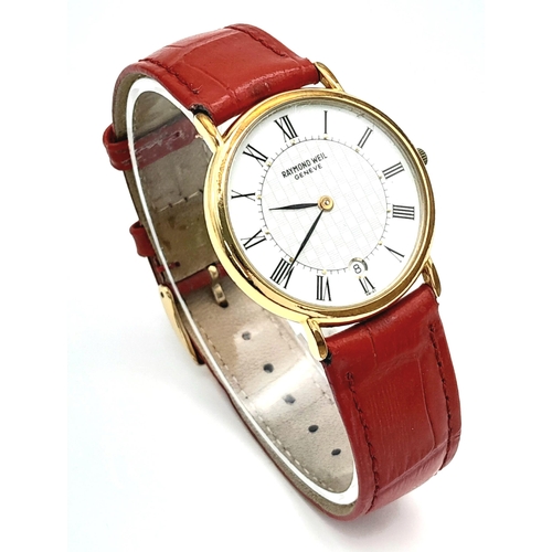 529 - An 18 Carat Gold Plated Raymond Weil, Geneve, Model 9124, Unisex Date Watch. 33mm Including Case. Ne... 