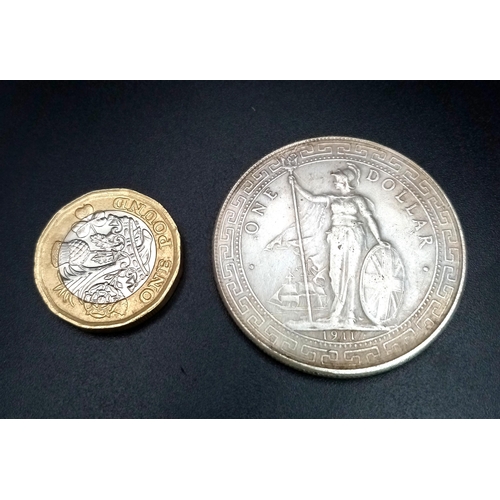 536 - A 1911 Dated United Kingdom Silver 1 Dollar, British Trade Dollar 1895- 1935. 900 Silver. Extremely ... 