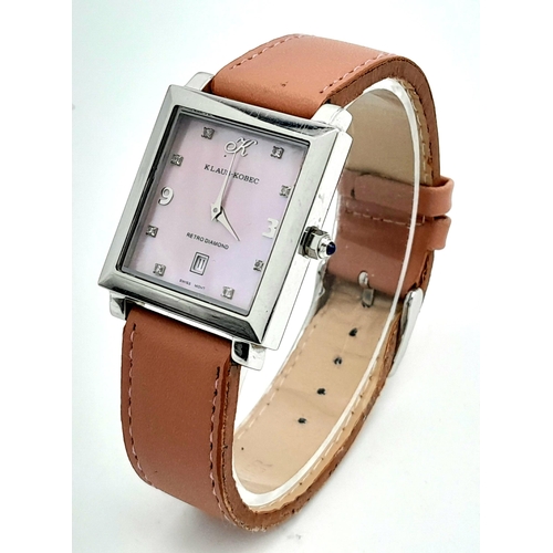 1075 - A Retro Diamond Klaus Kobec Pink Mother of Pearl Unisex Quartz Watch. Pink leather strap. Stainless ... 