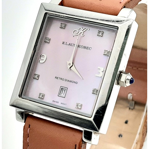 1075 - A Retro Diamond Klaus Kobec Pink Mother of Pearl Unisex Quartz Watch. Pink leather strap. Stainless ... 