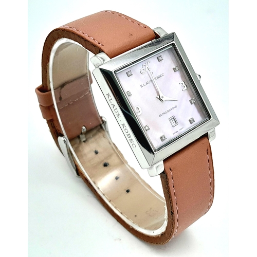 1075 - A Retro Diamond Klaus Kobec Pink Mother of Pearl Unisex Quartz Watch. Pink leather strap. Stainless ... 