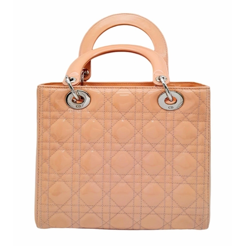 591 - A pink Christian Dior Cannage quilted patent leather Lady Dior Bag. Removable shoulder strap, silver... 